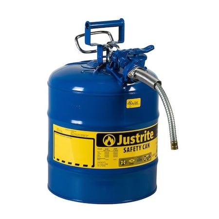 Justrite Type II Safety Can, AccuFlow (TM) Galvanized Steel, 5 gal, 5/8 in Metal Hose, Blue, Kerosene 7250320